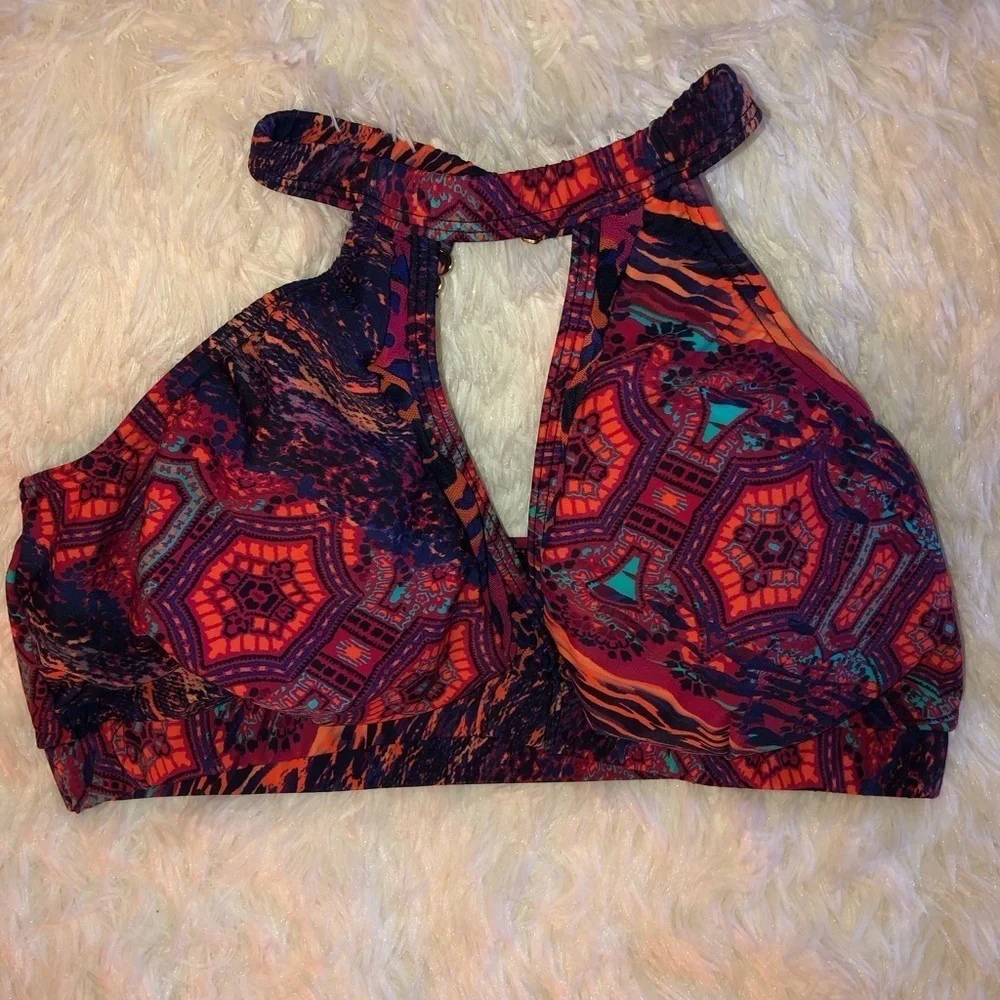 VENUS Pink and Teal Halter Bikini Top with Cut Out size 12